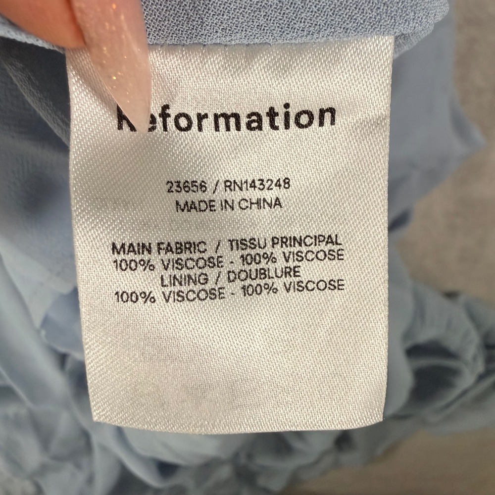 Reformation Light Blue Smocked Puff Sleeve Midi Dress Ruffle Hem Slit‎ Small - Picture 8 of 8